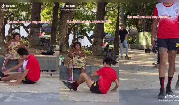 Joven intenta hacer un truco con su skate y el resultado hace reír a una señora