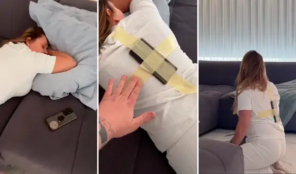 Juega broma a su esposa al pegar un celular en su espalda y la llama para ver su reacción