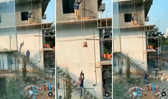 Albañiles revelan en Facebook su curiosa técnica para subir arena en construcción de una casa
