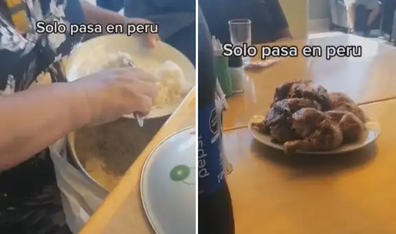 Joven va con su mamá a comer pollo a la brasa y ella sorprende al sacar su olla de arroz