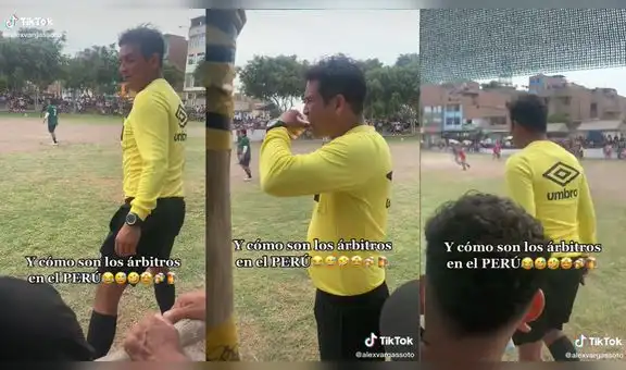Árbitro de fútbol aprovecha un momento para disfrutar de una refrescante bebida