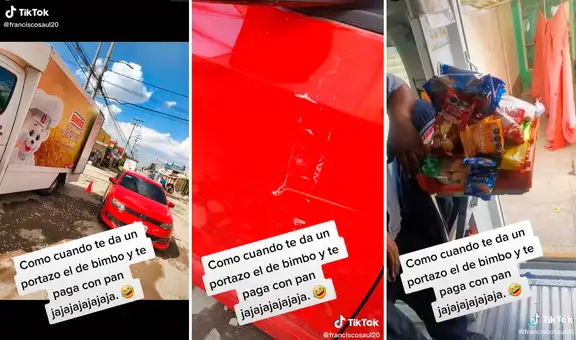 Chofer de Bimbo choca camioneta con otro auto y paga los daños con productos de la empresa
