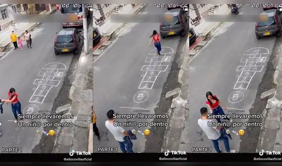 Pareja que caminaba por la calle encuentra un juego en el piso y deciden divertirse juntos