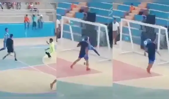 Jugador de fulbito hace un mal cálculo al querer asegurar el gol de su compañero