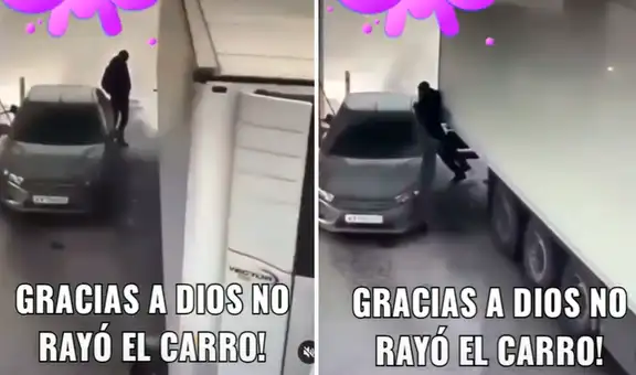 Hombre intenta evitar que un camión raye su auto colocando su cuerpo como protección