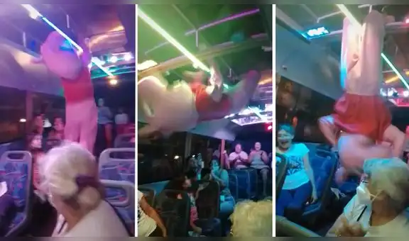Joven disfrazado de Peppa Pig se trepa al pasamanos y baila en trencito con niños y adultos