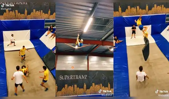 Jóvenes hacen que su amiga se impulse tanto en el trampolín que casi toca el techo