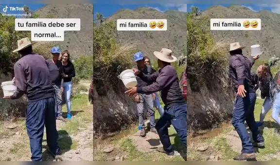 Mujer toma de los brazos a su familiar para que le echen agua, pero terminan mojándola 
