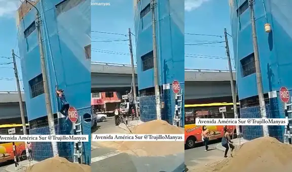 Albañiles peruanos asombran con arriesgada técnica para cargar arena al techo de una casa