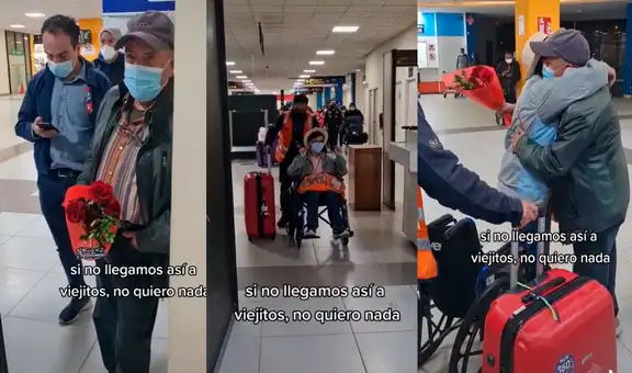 Adulto mayor acude a recoger a su esposa al aeropuerto y la espera con un ramo de flores