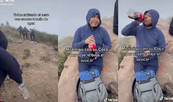 Joven va de trekking con sus amigos y asombra al llevar una botella de gaseosa para refrescarse
