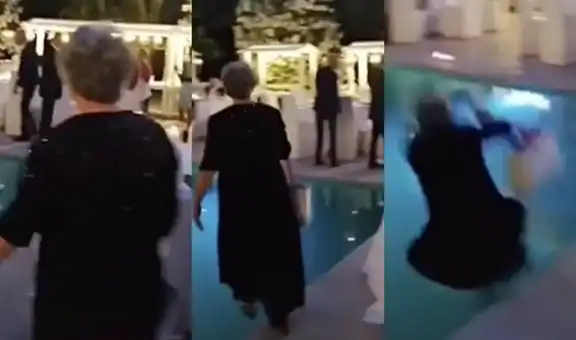 Mujer se distrae durante una boda y cae en una piscina