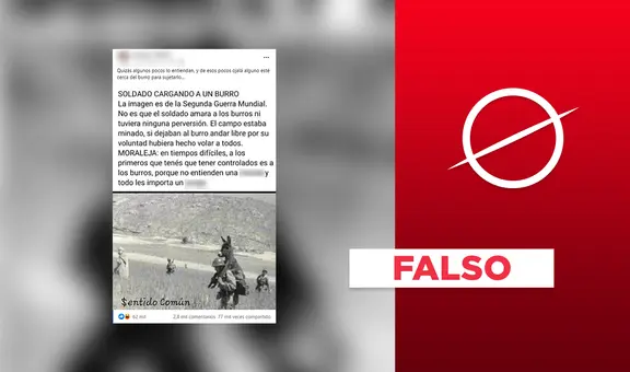 No, esta fotografía de un burro siendo cargado por un militar no corresponde a la Segunda Guerra Mundial