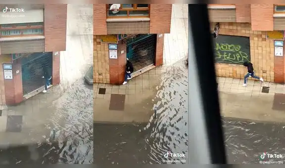 Joven da saltos para pasar por una calle inundada y usuarios lo comparan con Mario Bros
