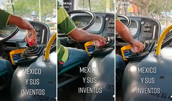 Conductor de bus público utiliza una botella de plástico como palanca de cambios