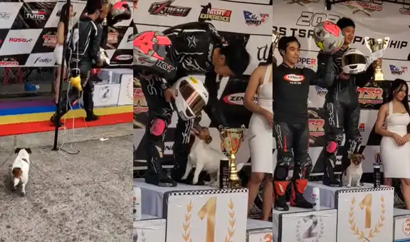 Perrito sube al podio para celebrar con su dueño su primer puesto en una carrera