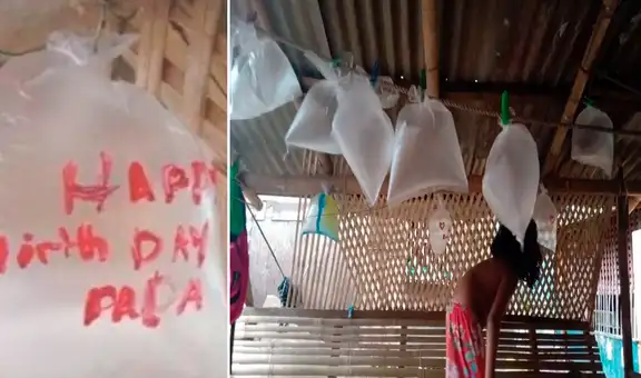 Niños utilizan bolsas de plástico como globos para usarlos como decoración del cumpleaños de su papá