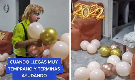 Payasito llega muy puntual al local y termina ayudando con la decoración de globos