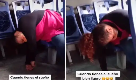 Mujer se queda profundamente dormida en un bus y por poco se cae del asiento 