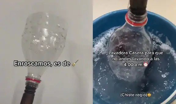 Joven sorprende al crear una ‘lavadora casera’ usando un palo y una botella de plástico