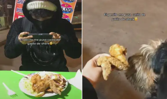 Joven le quita un pollo broaster a su amigo para dárselo a perrito callejero
