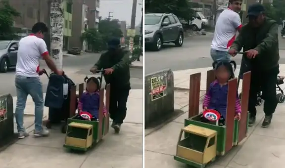 Abuelito empuja el coche de su nieta para que ella se divierta durante el paseo