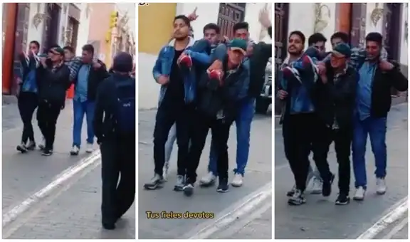 Jóvenes ayudan a su amigo ebrio y lo cargan como anda procesional para llevarlo a casa