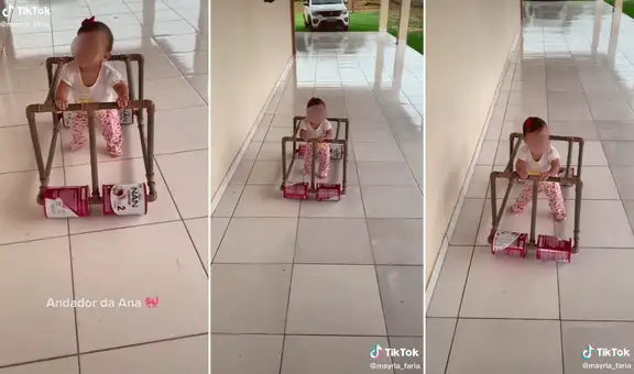 Padre construye un andador casero para su hija con latas de leche y tubos de PVC