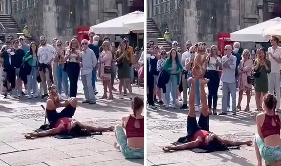 Perro realiza arriesgadas piruetas en show callejero junto a su dueño y emociona en redes