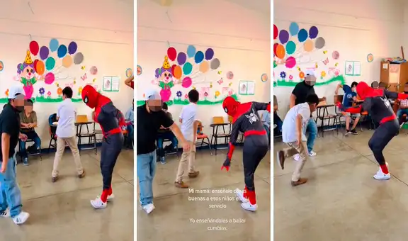 Profesora se viste como Spider-Man para enseñar a sus alumnos a bailar cumbia