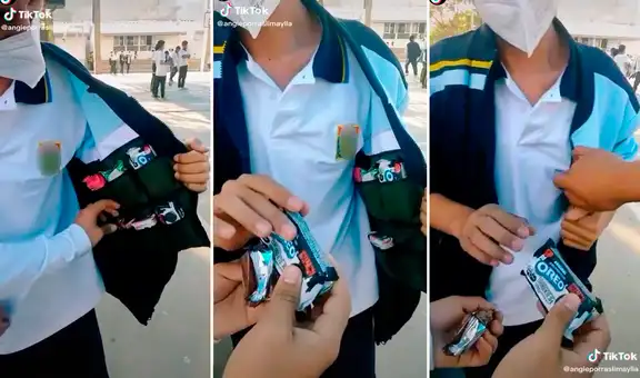 Escolar acondiciona su casaca de colegio para vender galletas a sus compañeros en el recreo