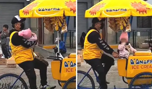 Heladero conmueve en redes al trabajar y cuidar a su pequeña hija al mismo tiempo