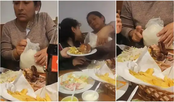 Llevaron a su madre a comer pollo a la brasa y ella sorprende con una bolsa de arroz que preparó en casa