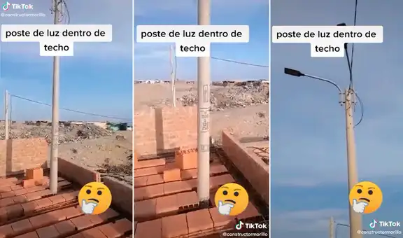 Albañiles realizan el techado de una casa, pero incluyen un poste de luz en la construcción