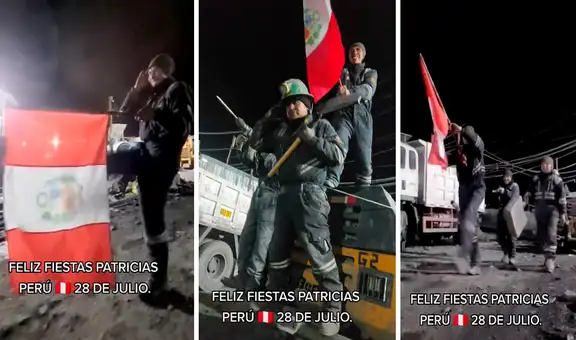 Minero celebra Fiestas Patrias con sus compañeros y hacen un desfile al terminar su jornada