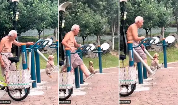 Adulto mayor se ejercita con sus perritos en el parque y sorprenden a transeúntes