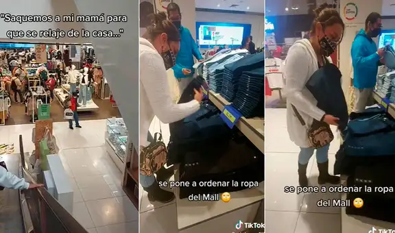 Mujer no tolera ver la ropa desordenada en una tienda y ayuda a trabajadores a acomodarla