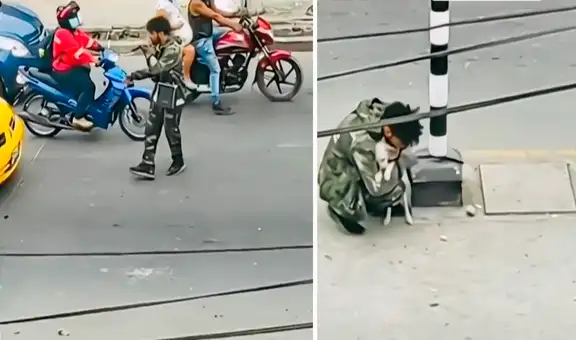 Cantante callejero llora y abraza a su perrito al no recibir propina de los conductores
