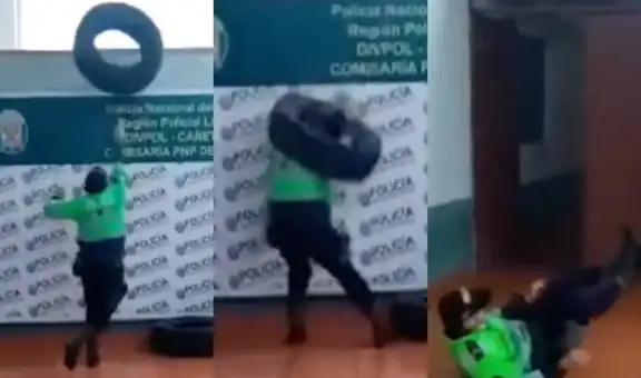 Policía se prepara para casting, pero es golpeado por una llanta al imitar juego de Esto es Guerra