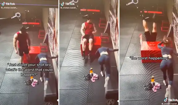 Joven intenta impresionar a mujer en el gimnasio, pero termina haciendo el ridículo