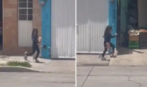 Captan a niña caminando con los tacos de una adulta en la calle y su equilibrio sorprende