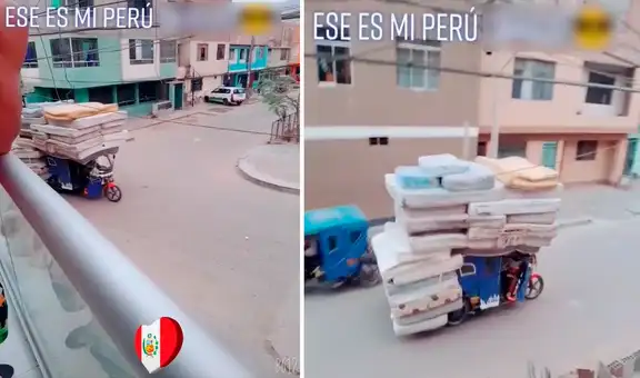 Joven sorprende a cibernautas al transportar más de una docena de colchones en mototaxi