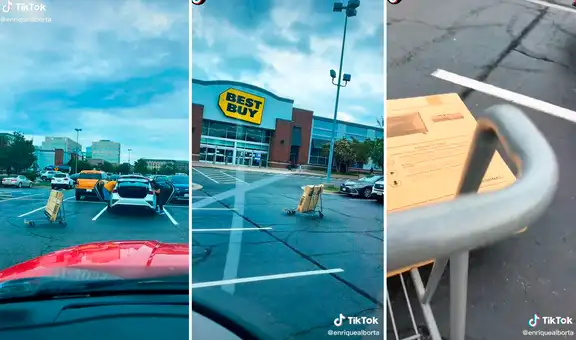 Hombre intenta detener un carrito de compras, pero termina derribando un moderno televisor