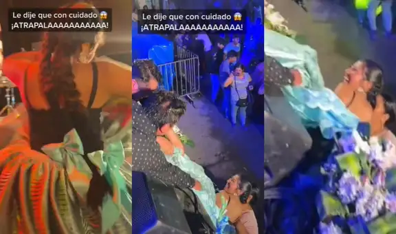 ¡Atrápala! Cantante folclórica ve que su bailarina caerá del escenario y grita por ayuda