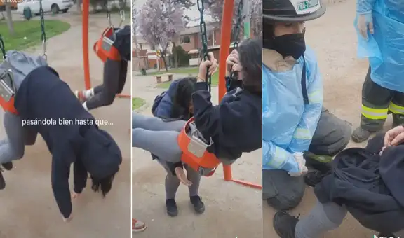 Joven se divierte en columpio, pero queda atrapada y tienen que llamar a los bomberos