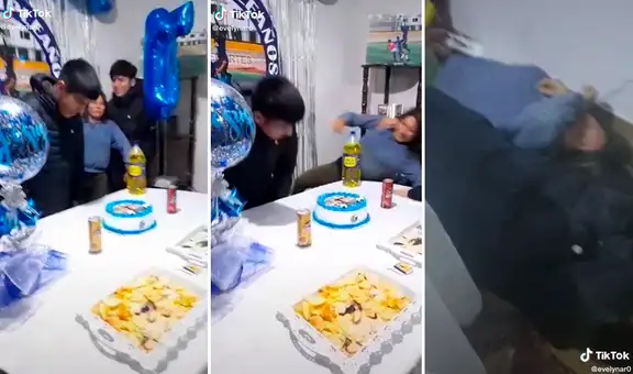 Jóvenes terminan en el piso tras fallarles la broma de la torta en la cara a su amigo