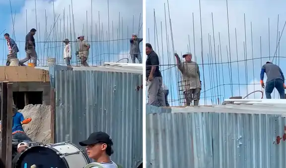Obreros se ponen a bailar al ritmo de una banda mientras techan una casa
