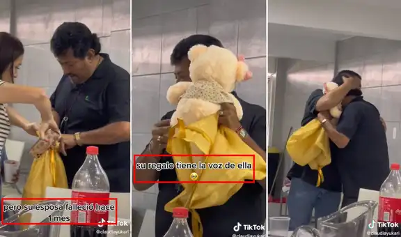 Hombre rompe en llanto al recibir peluche con la voz de su esposa fallecida como obsequio