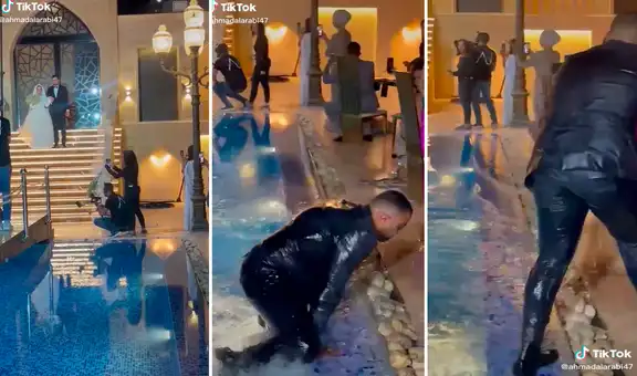 Hombre hace reír a invitados de una boda al terminar empapado tras caer a la piscina