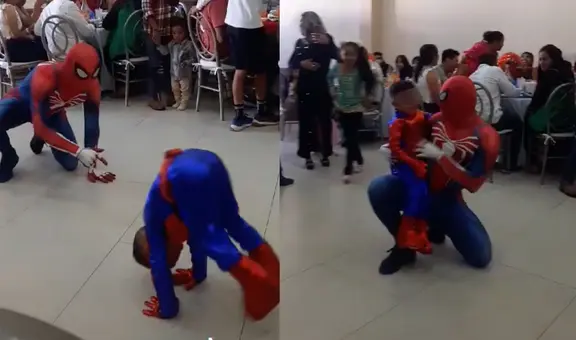 Sorprenden a niño en su fiesta con imitador de Spiderman y hace una pirueta de la emoción